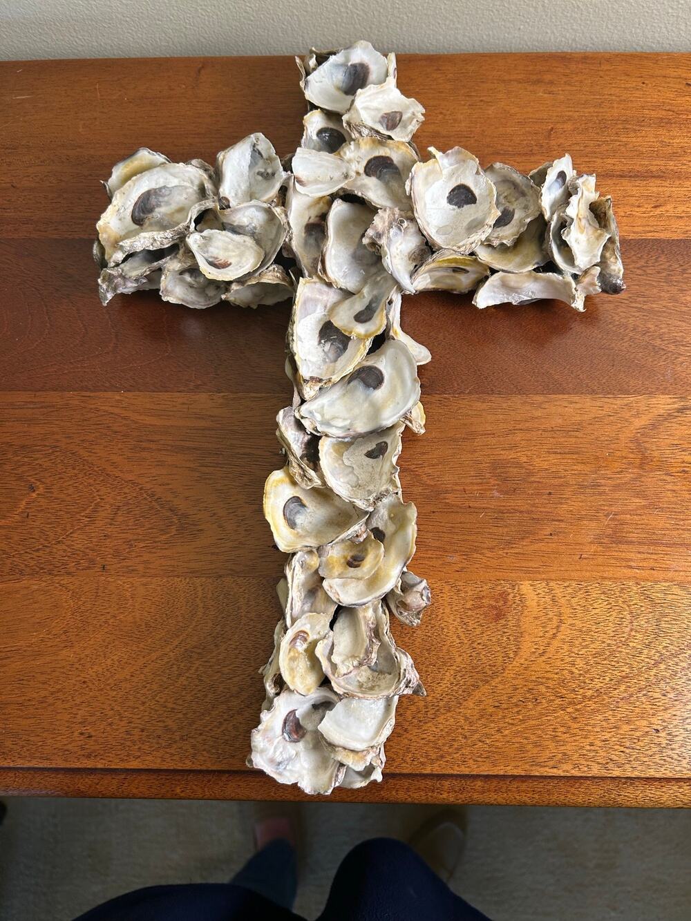 Handmade Oyster Shell Cross on Wood Wall Hanging